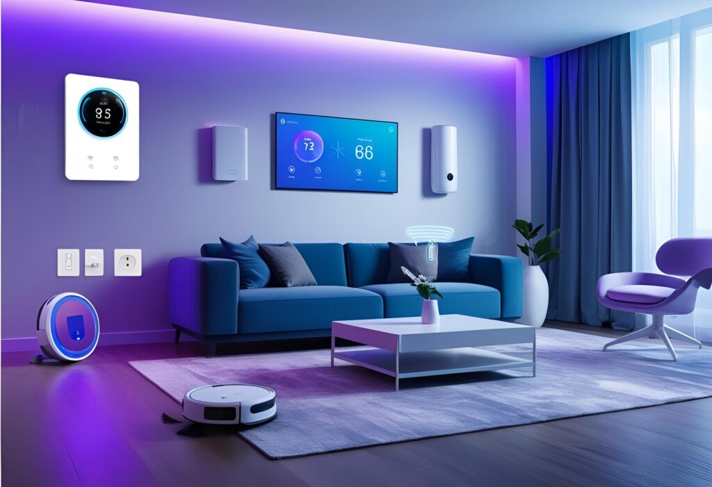 Futuristická moderná obývačka so smart technológiami Futuristická moderná obývačka so smart osvetlením, inteligentným termostatom na stene, holografickým displejom a ďalšími inteligentnými zariadeniami.
